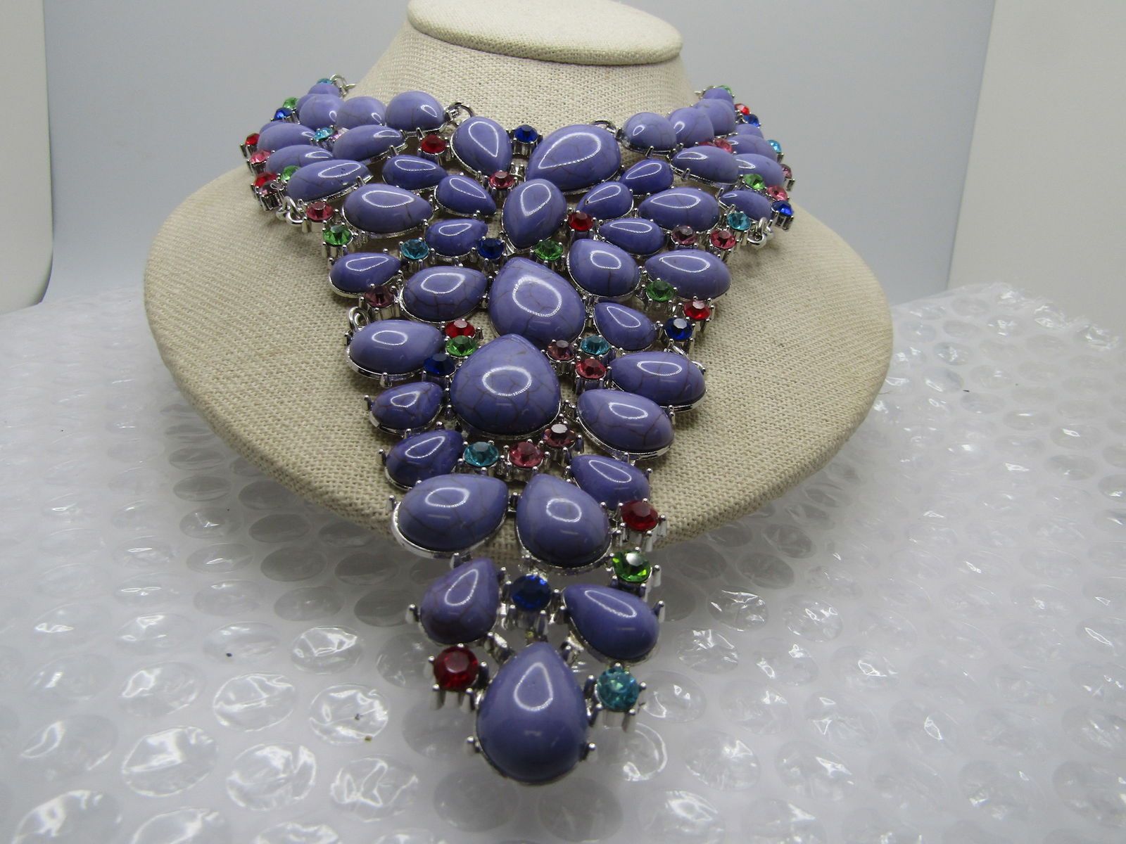 Costume Faux Purple Stone Statement Necklace, 22", Rhinestone Accents, 2000's - 6