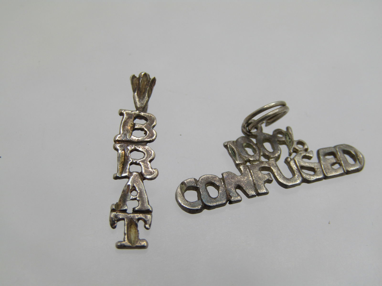 Vintage 2 Sterling Pendants 100% Confused, Brat, Signed - 2