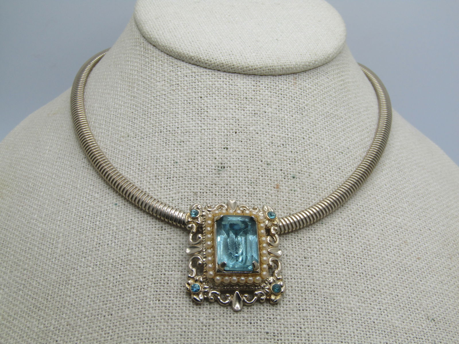 Vintage Faux Aqua & Pearl Necklace, 15.5", Omega Chain, 1970's-1980's - 2