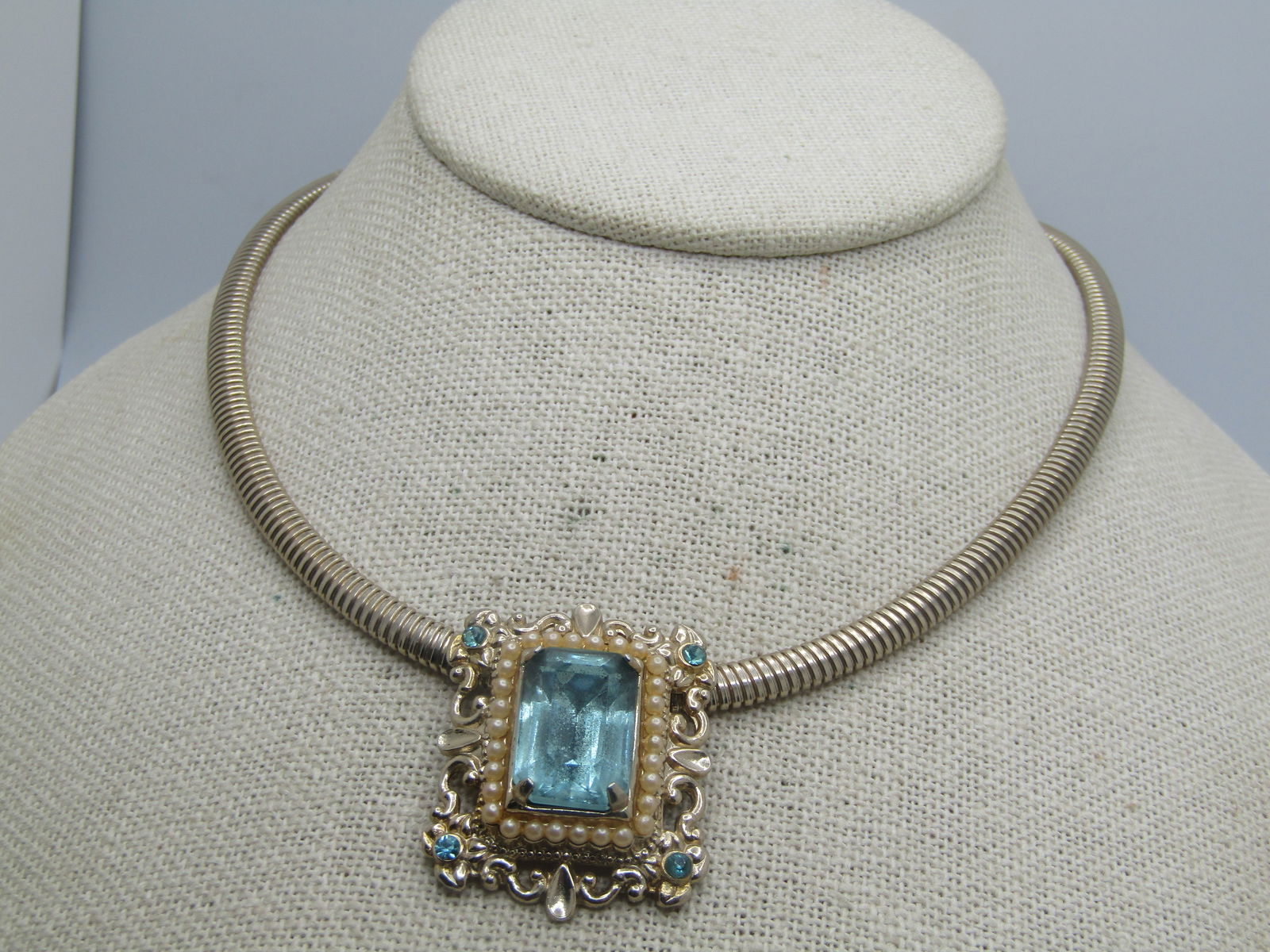 Vintage Faux Aqua & Pearl Necklace, 15.5", Omega Chain, 1970's-1980's - 3