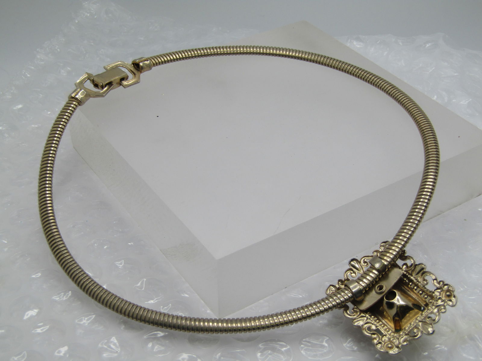 Vintage Faux Aqua & Pearl Necklace, 15.5", Omega Chain, 1970's-1980's - 6