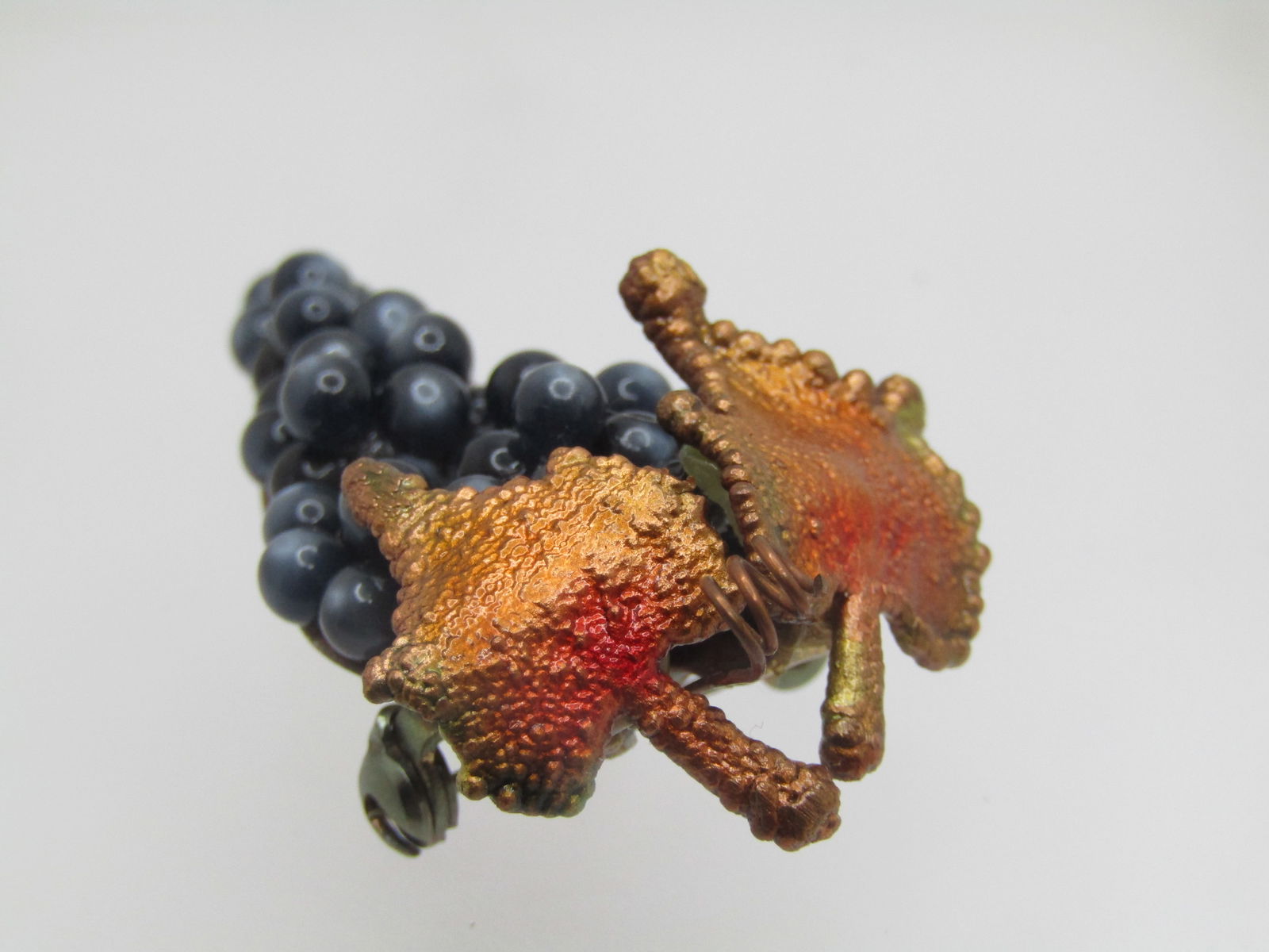Vintage Purple Moonglow Grape Cluster Brooch, Coppery Leaves, 1940's - 2