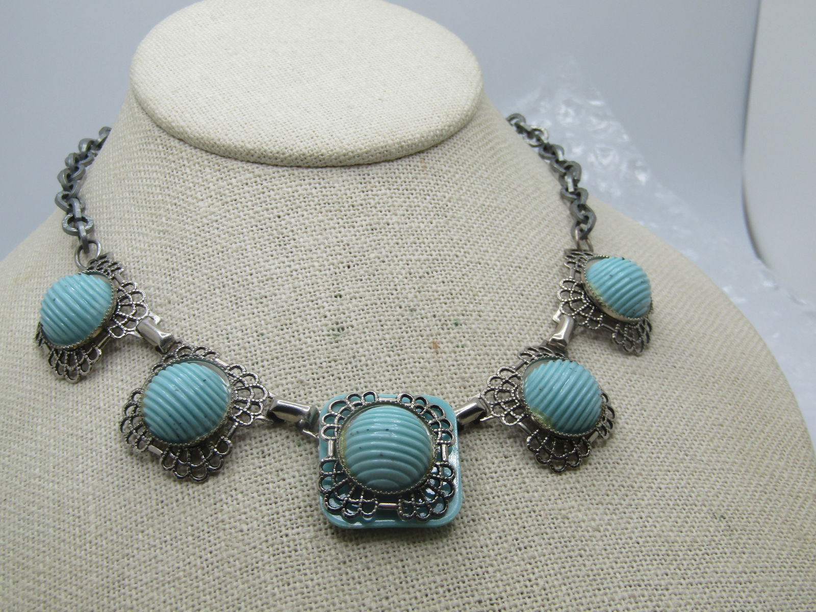 Vintage Faux Turquoise Filigree Necklace, 15", 1940's-1950's - 2