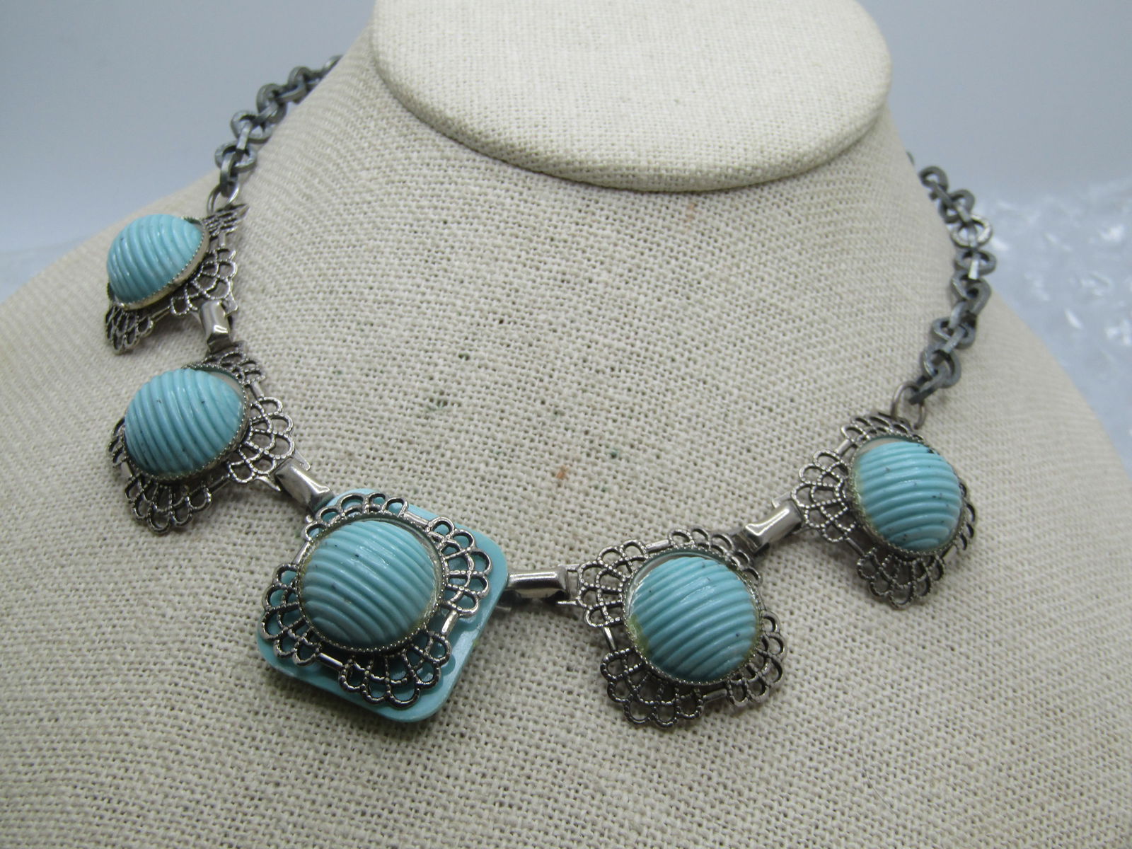 Vintage Faux Turquoise Filigree Necklace, 15", 1940's-1950's - 3