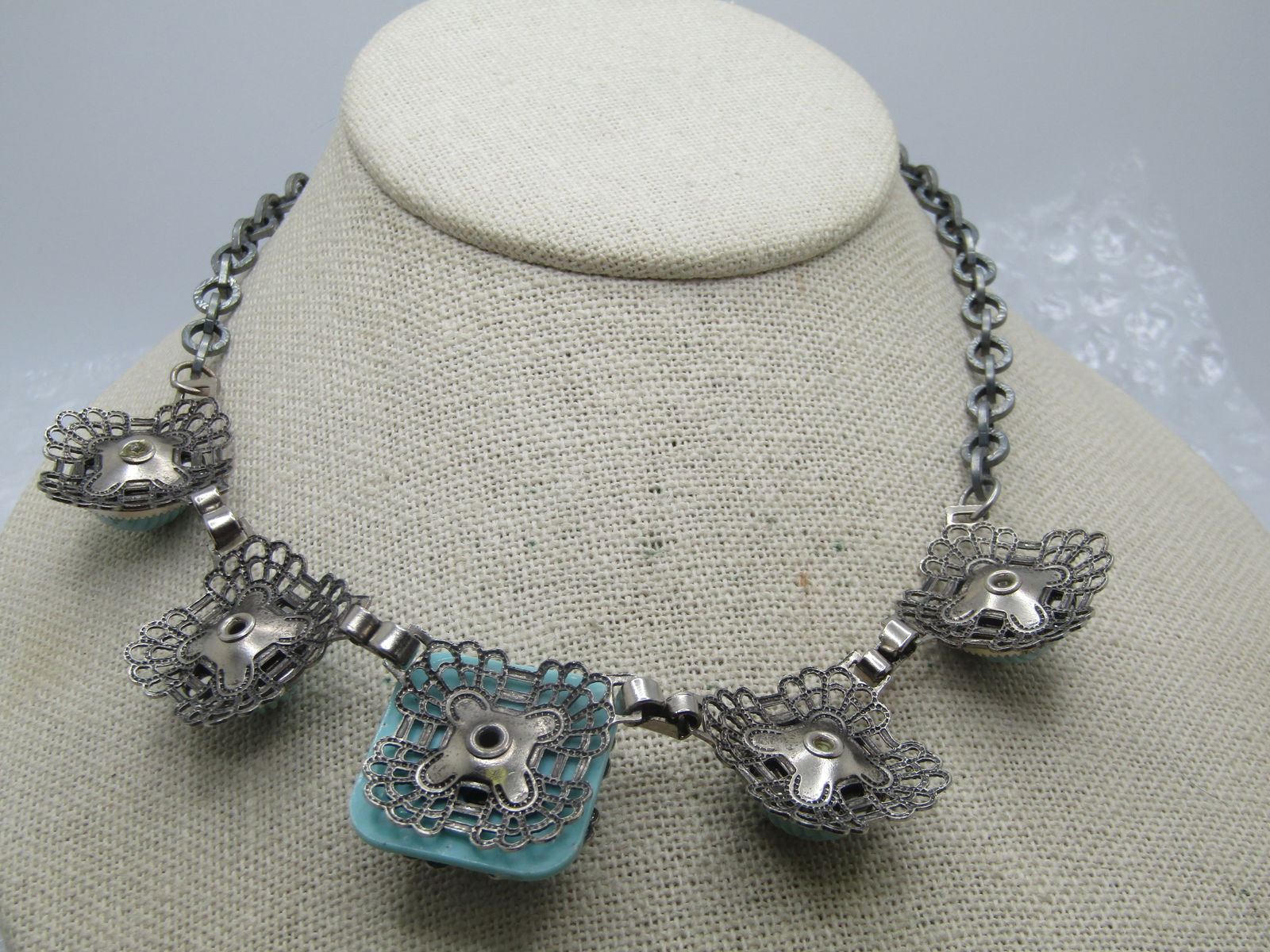 Vintage Faux Turquoise Filigree Necklace, 15", 1940's-1950's - 4