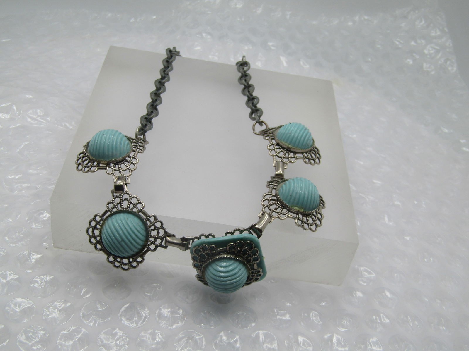 Vintage Faux Turquoise Filigree Necklace, 15", 1940's-1950's - 5