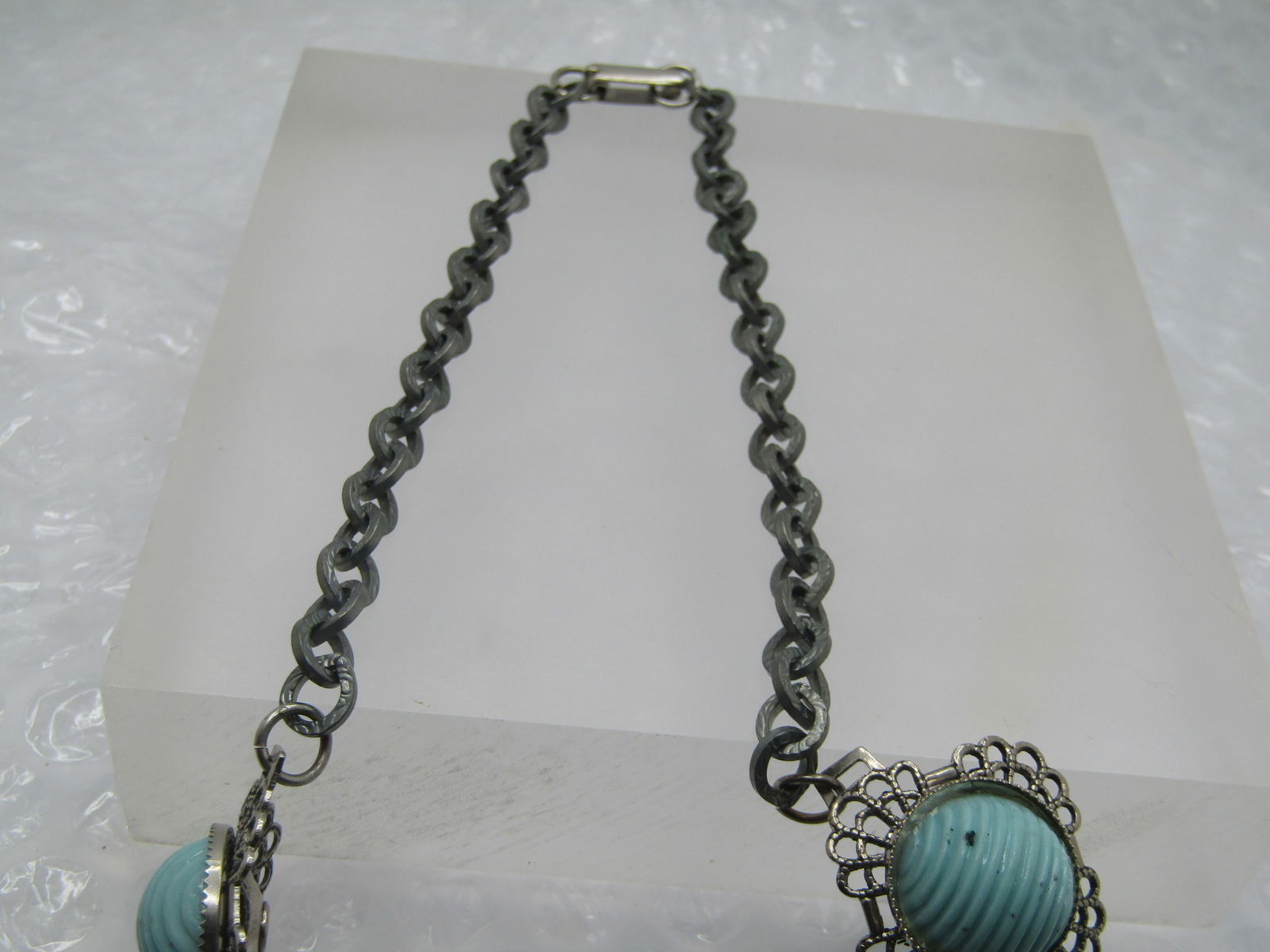 Vintage Faux Turquoise Filigree Necklace, 15", 1940's-1950's - 6