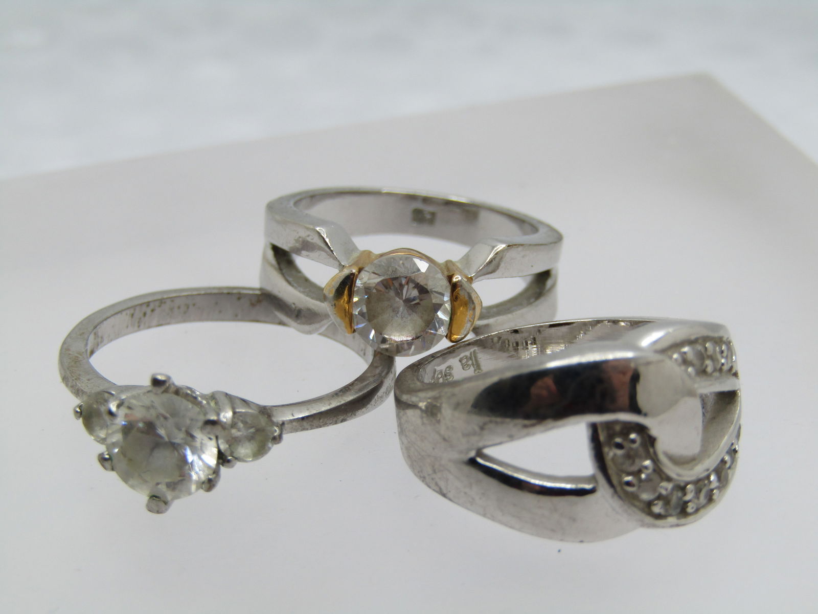Three Silver Plated Rhinestone Rings, Sz. 7 and 9 - 4