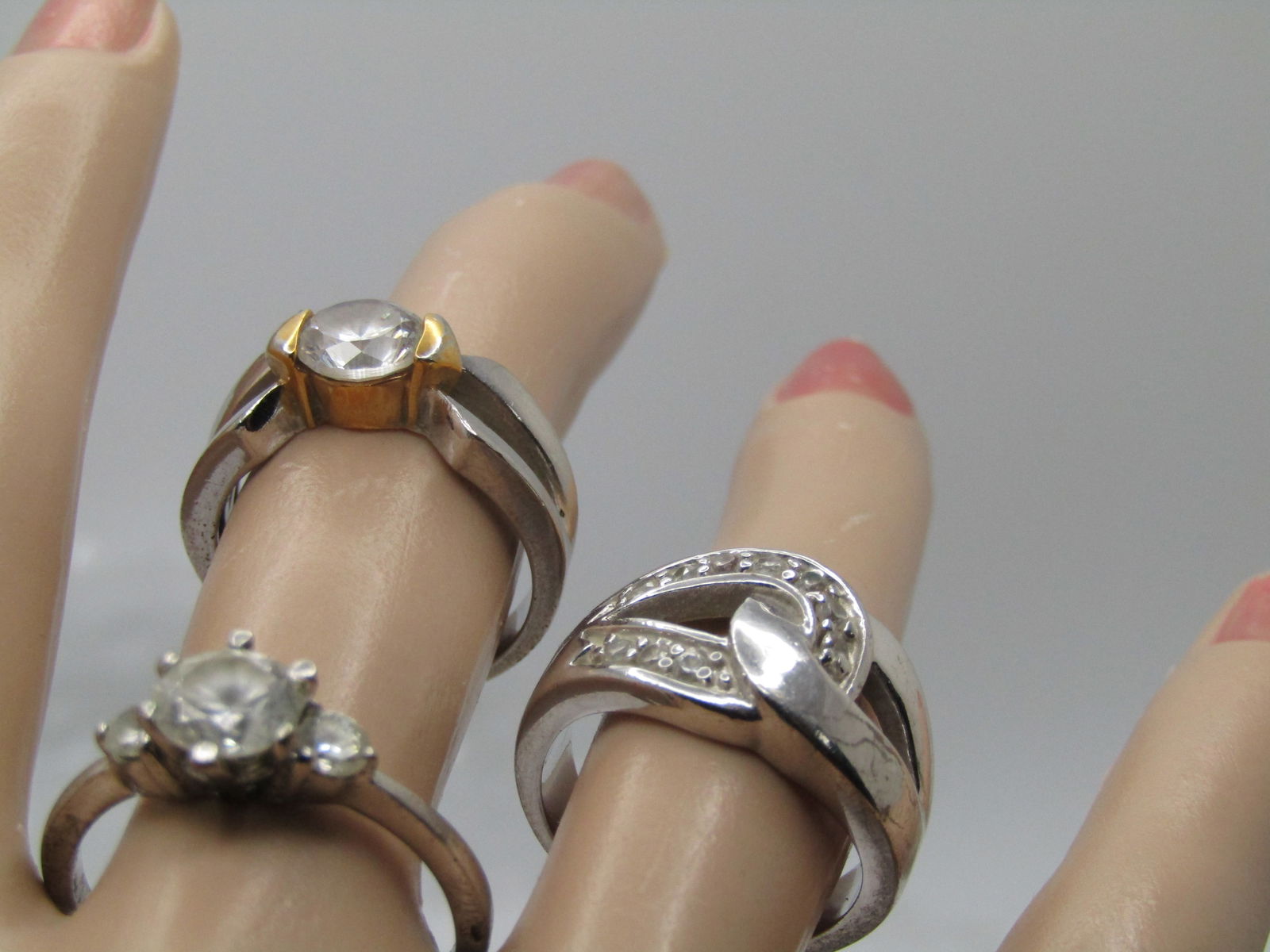 Three Silver Plated Rhinestone Rings, Sz. 7 and 9 - 6