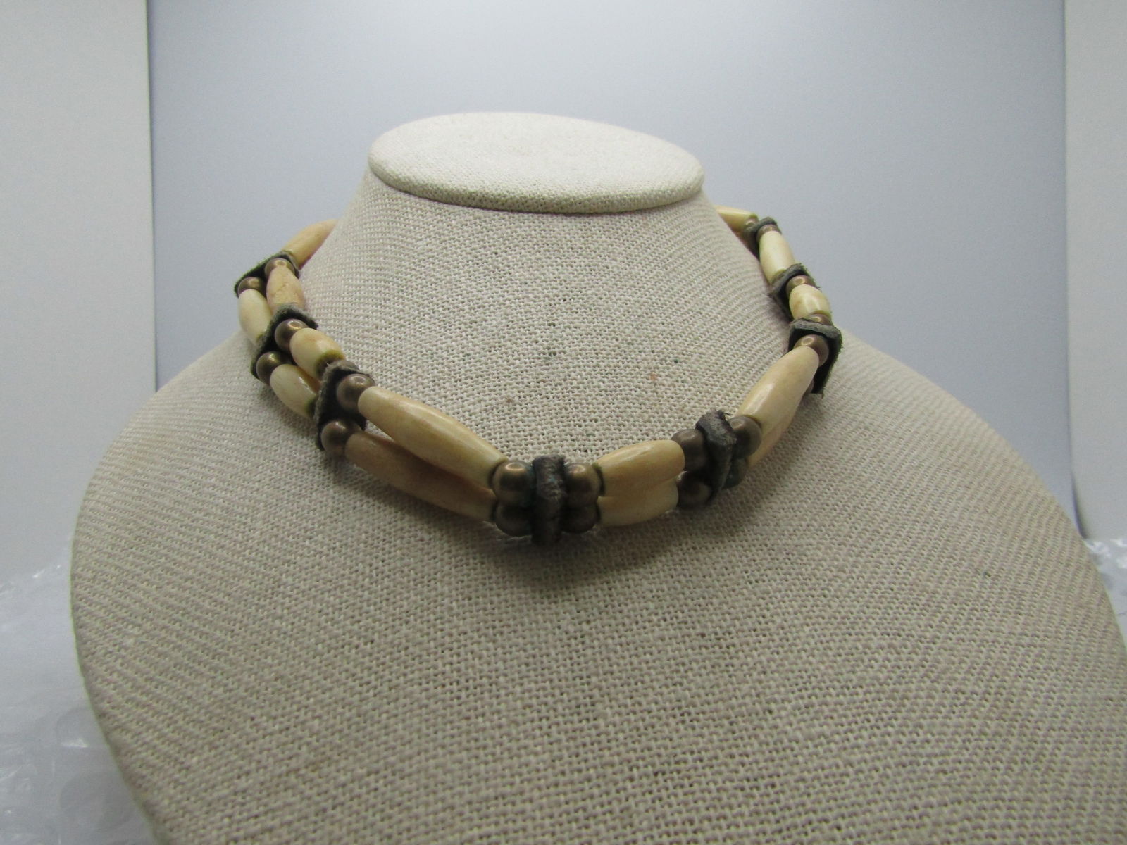 Vintage Native American Bone & Leather Warrior Necklace, Braided Tie 21" (1 of 6)