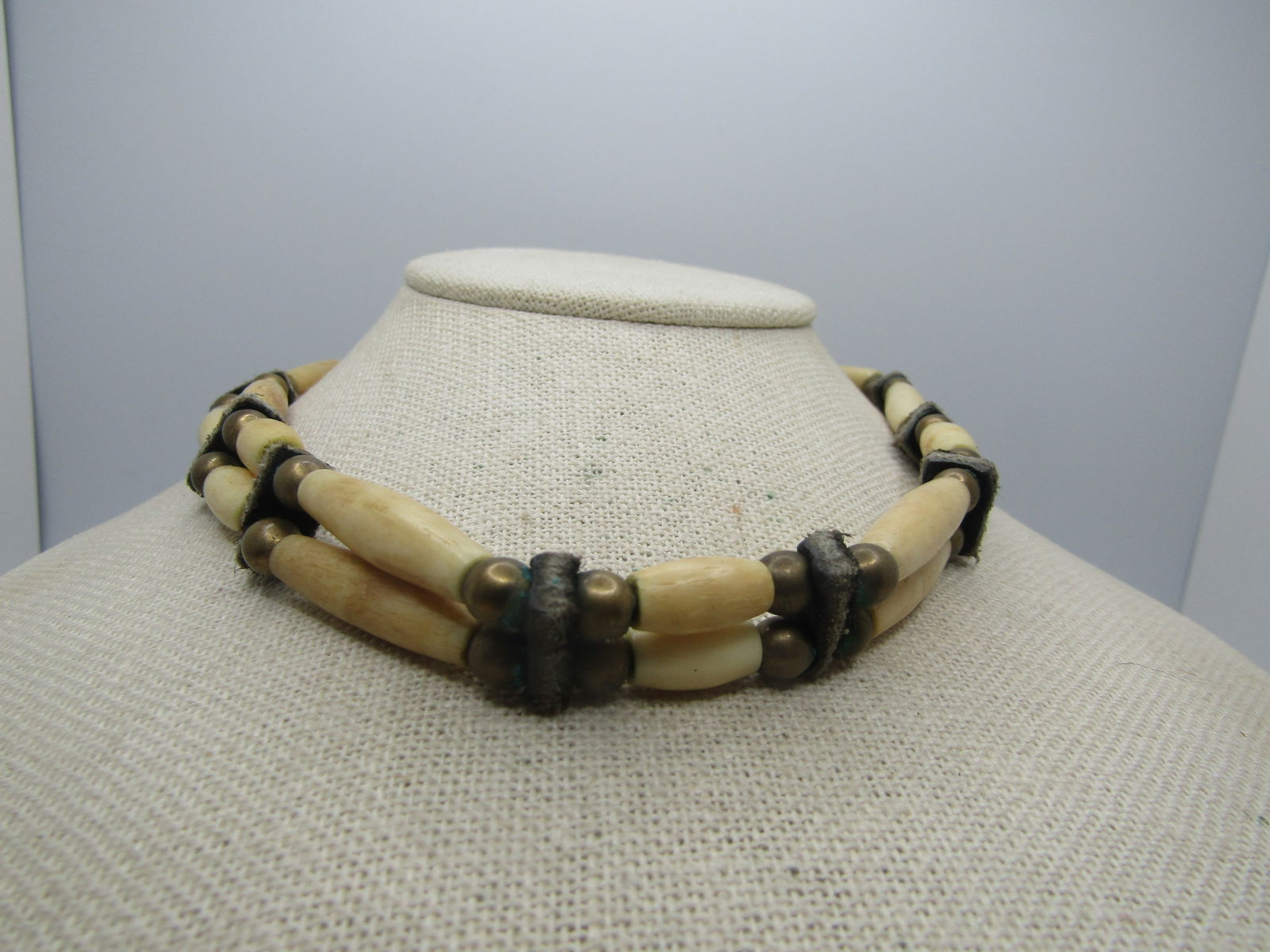 Vintage Native American Bone & Leather Warrior Necklace, Braided Tie 21" - 2