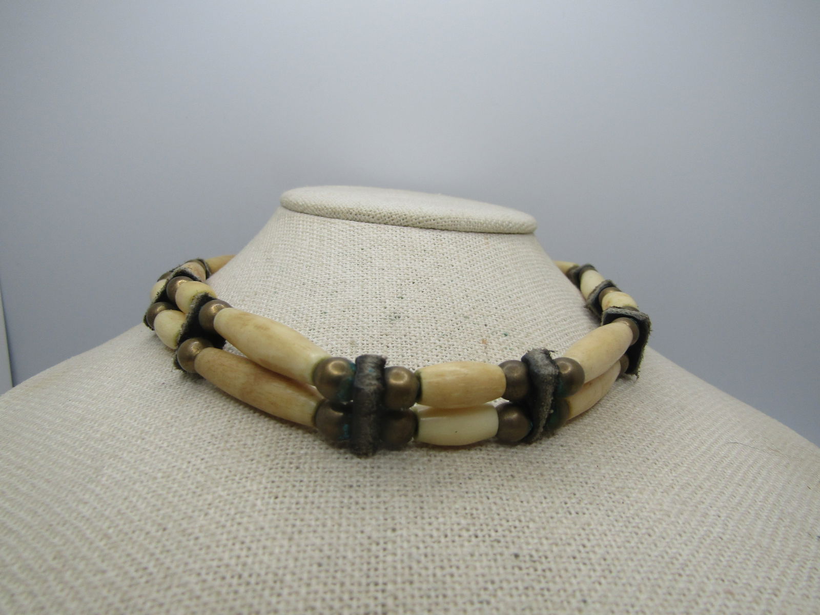 Vintage Native American Bone & Leather Warrior Necklace, Braided Tie 21" - 3