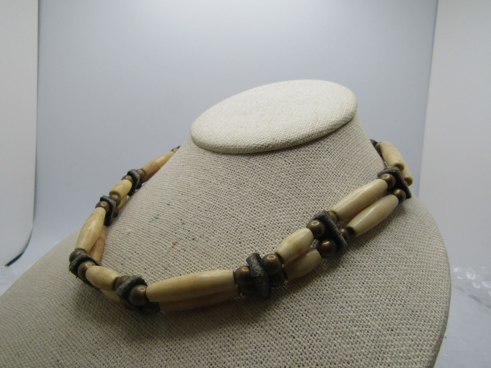 Vintage Native American Bone & Leather Warrior Necklace, Braided Tie 21" - 4