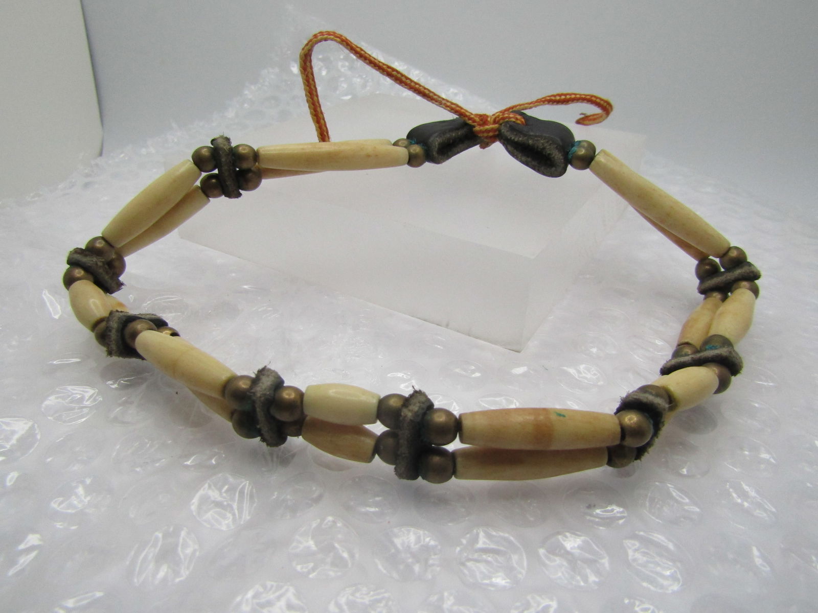 Vintage Native American Bone & Leather Warrior Necklace, Braided Tie 21" - 5