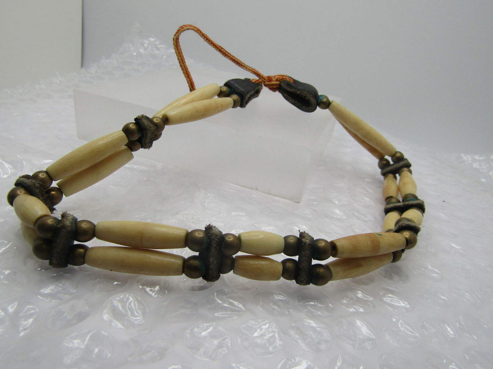 Vintage Native American Bone & Leather Warrior Necklace, Braided Tie 21" - 6