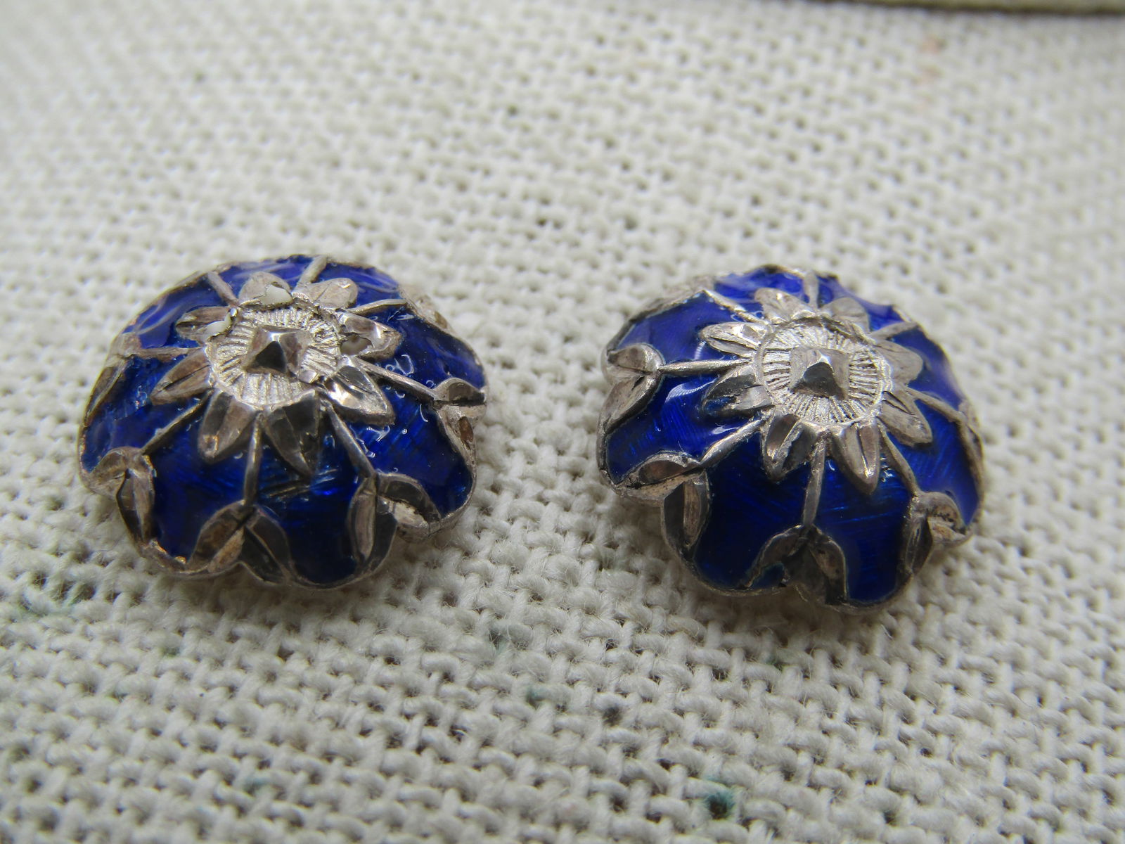 Vintage Sterling Blue Enameled Blossom Earrings, Pierced - 2