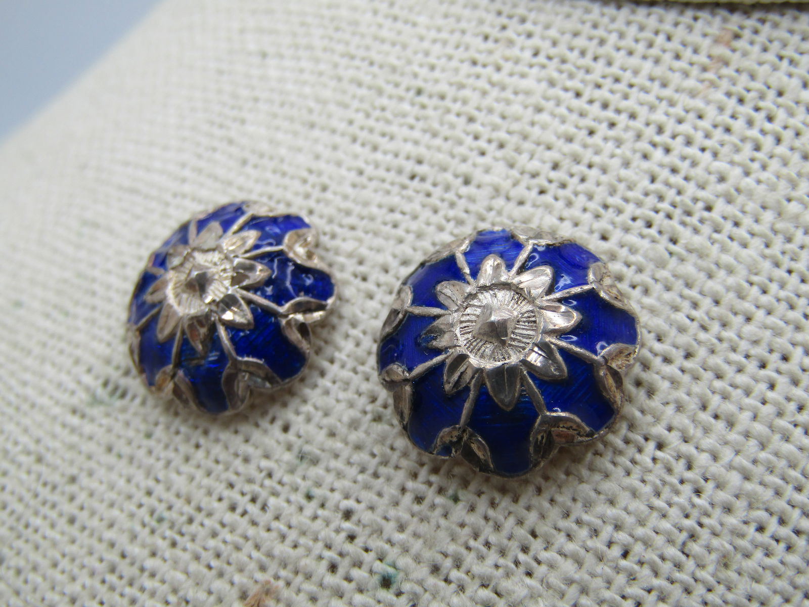 Vintage Sterling Blue Enameled Blossom Earrings, Pierced - 3