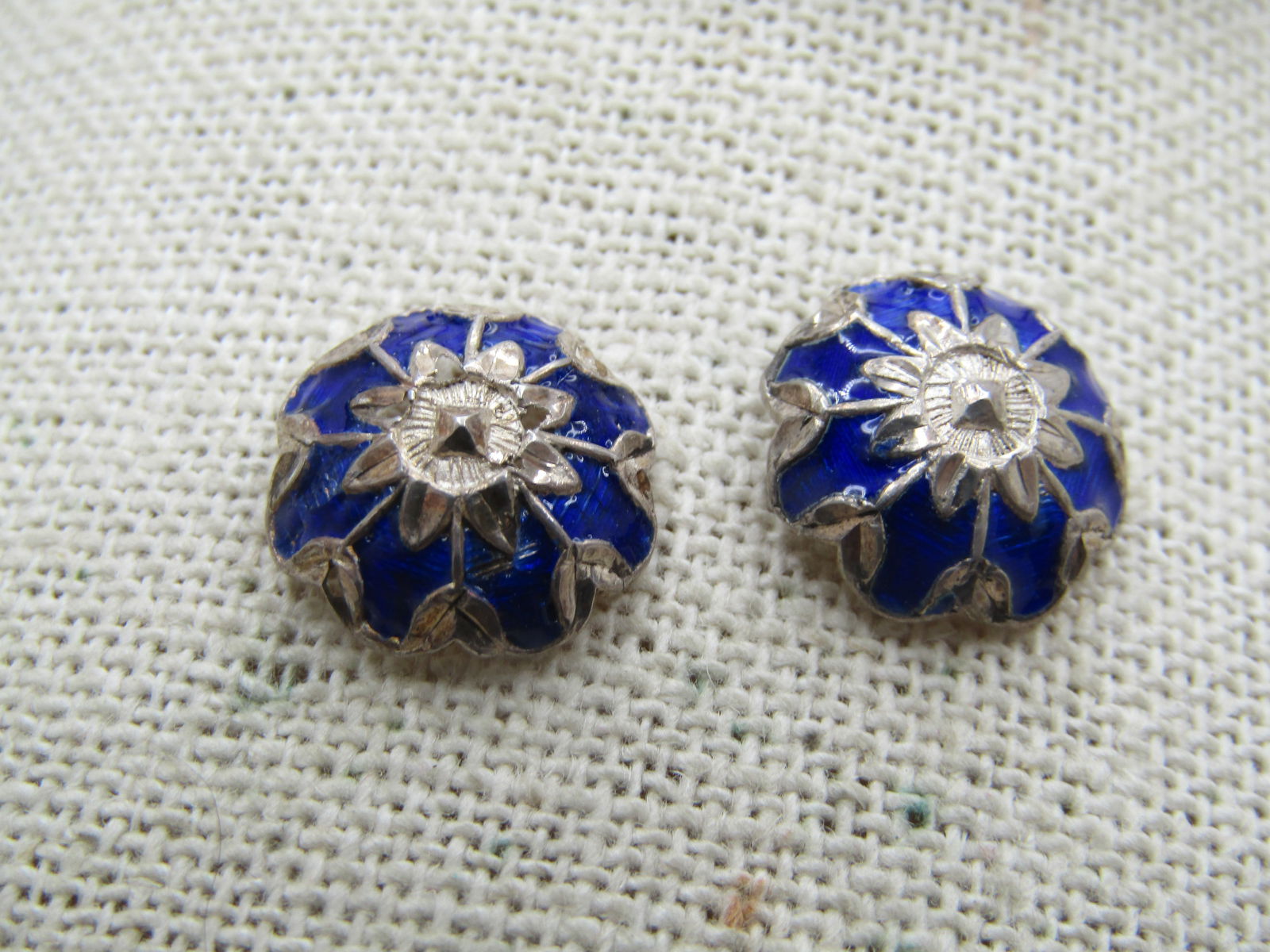 Vintage Sterling Blue Enameled Blossom Earrings, Pierced - 4