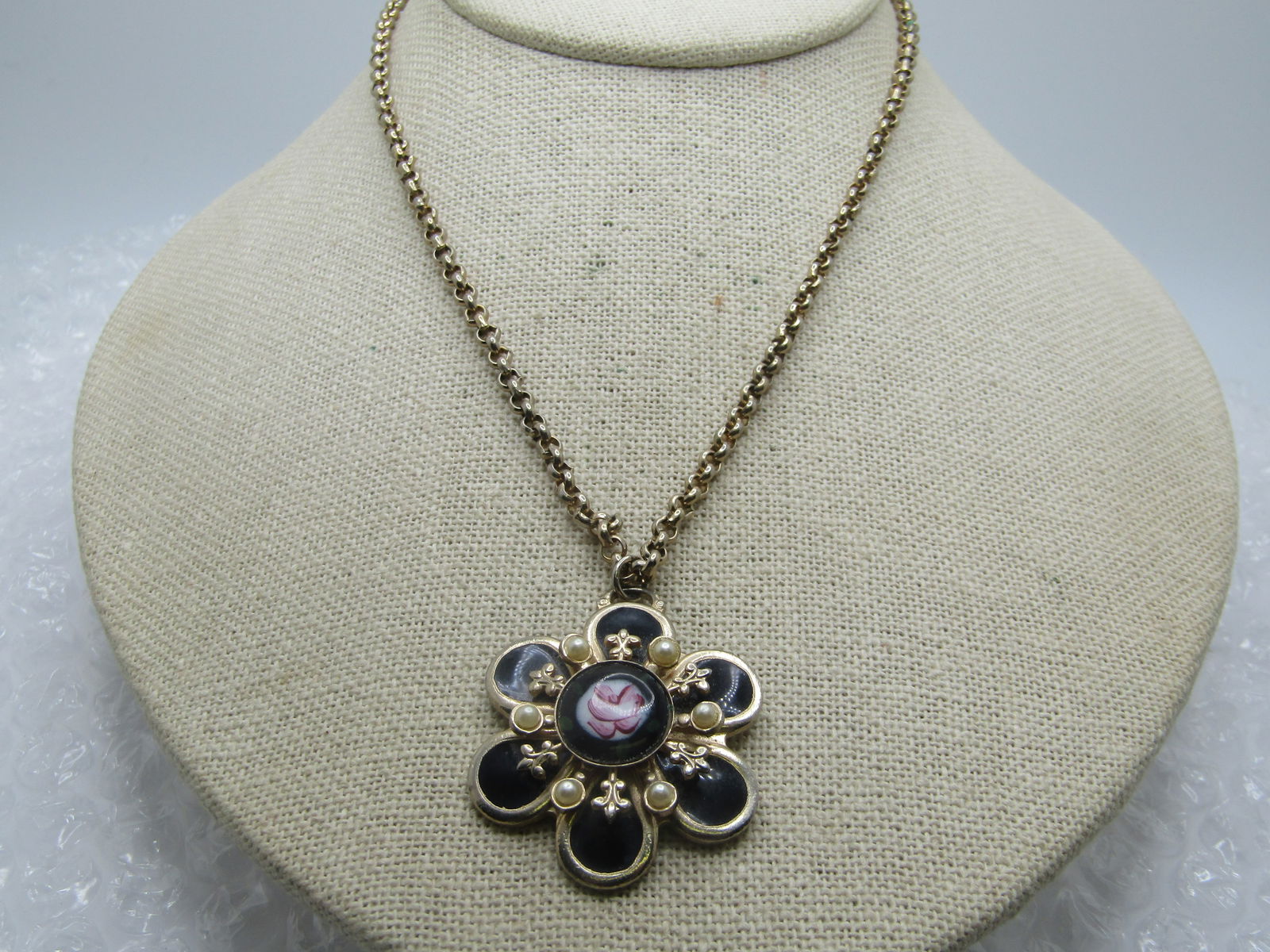 Vintage Black Guilloche Rose Necklace, 15", Faux Pearls, 1940's-1950's: Vintage Black Guilloche Rose Necklace, 15", 1940's-1950's. This has an appx. 3mm wide rolo link chain with spring ring clasp. The pendant is 1.5" blossom design with a tiered design with