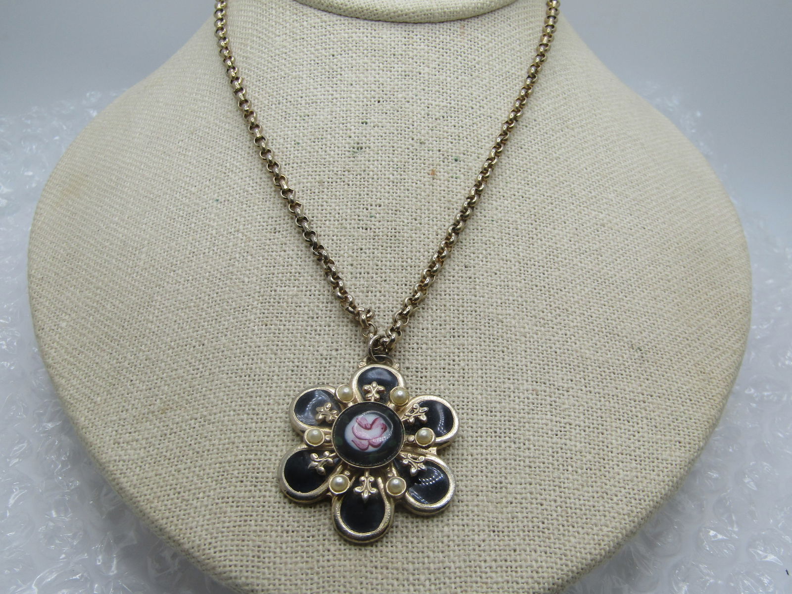 Vintage Black Guilloche Rose Necklace, 15", Faux Pearls, 1940's-1950's - 3
