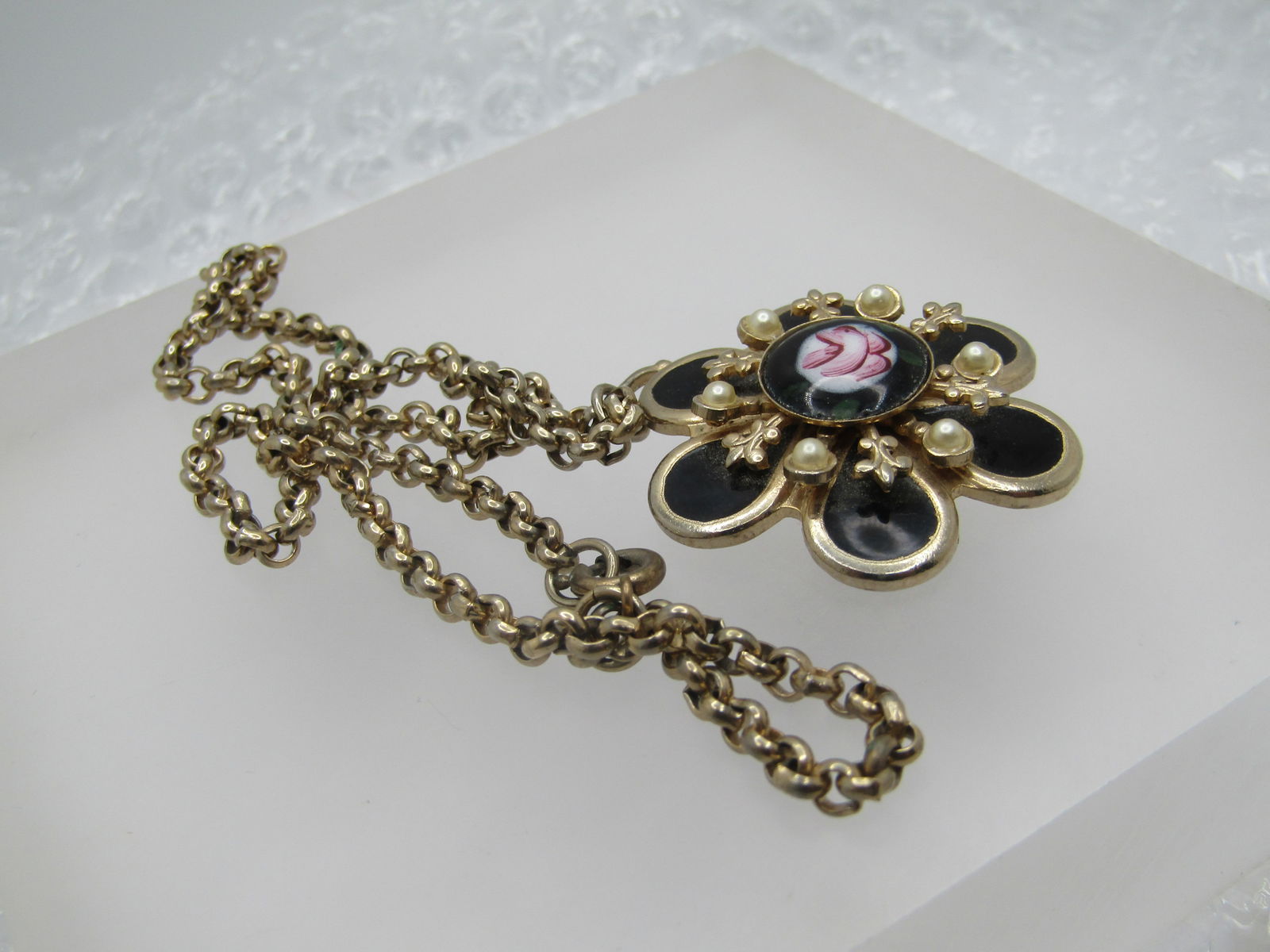 Vintage Black Guilloche Rose Necklace, 15", Faux Pearls, 1940's-1950's - 8