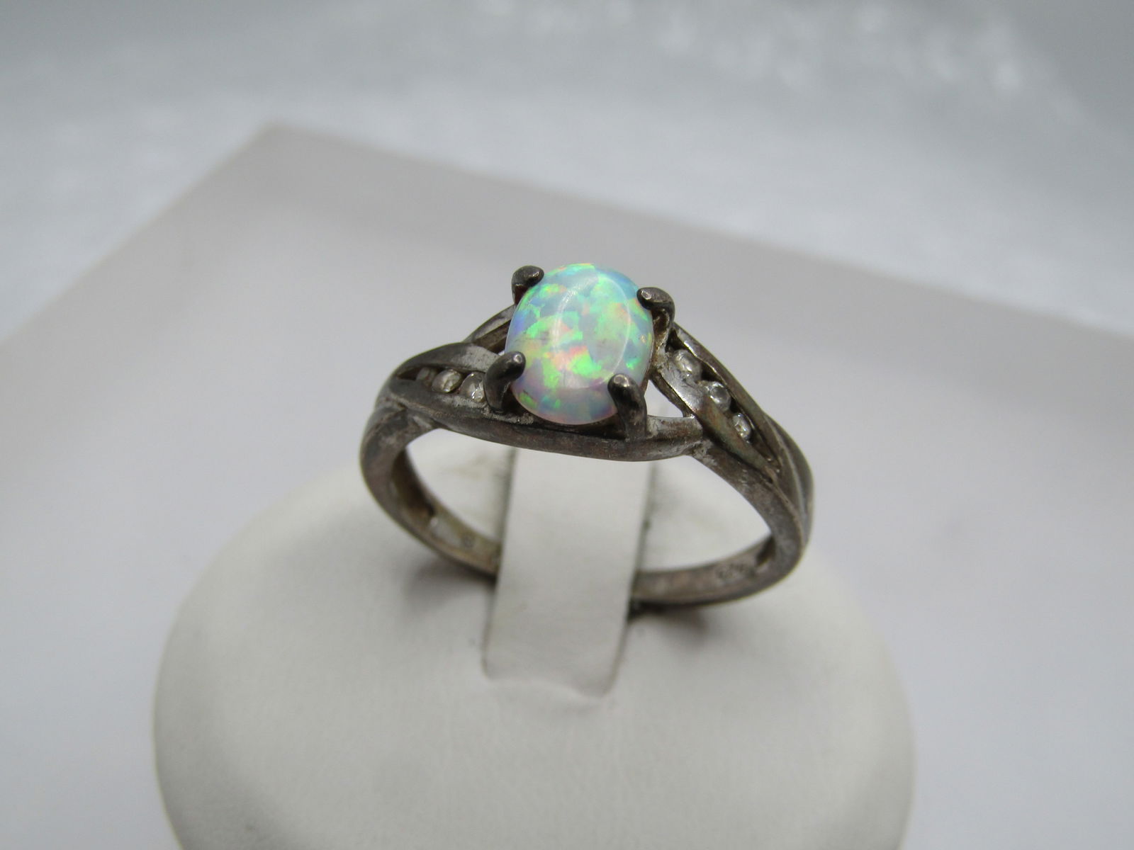 Vintage Sterling Created Opal & CZ Ring, Sz. 8.75, Signed RJ - 2
