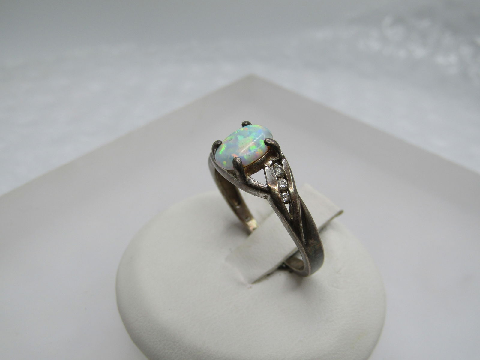 Vintage Sterling Created Opal & CZ Ring, Sz. 8.75, Signed RJ - 3