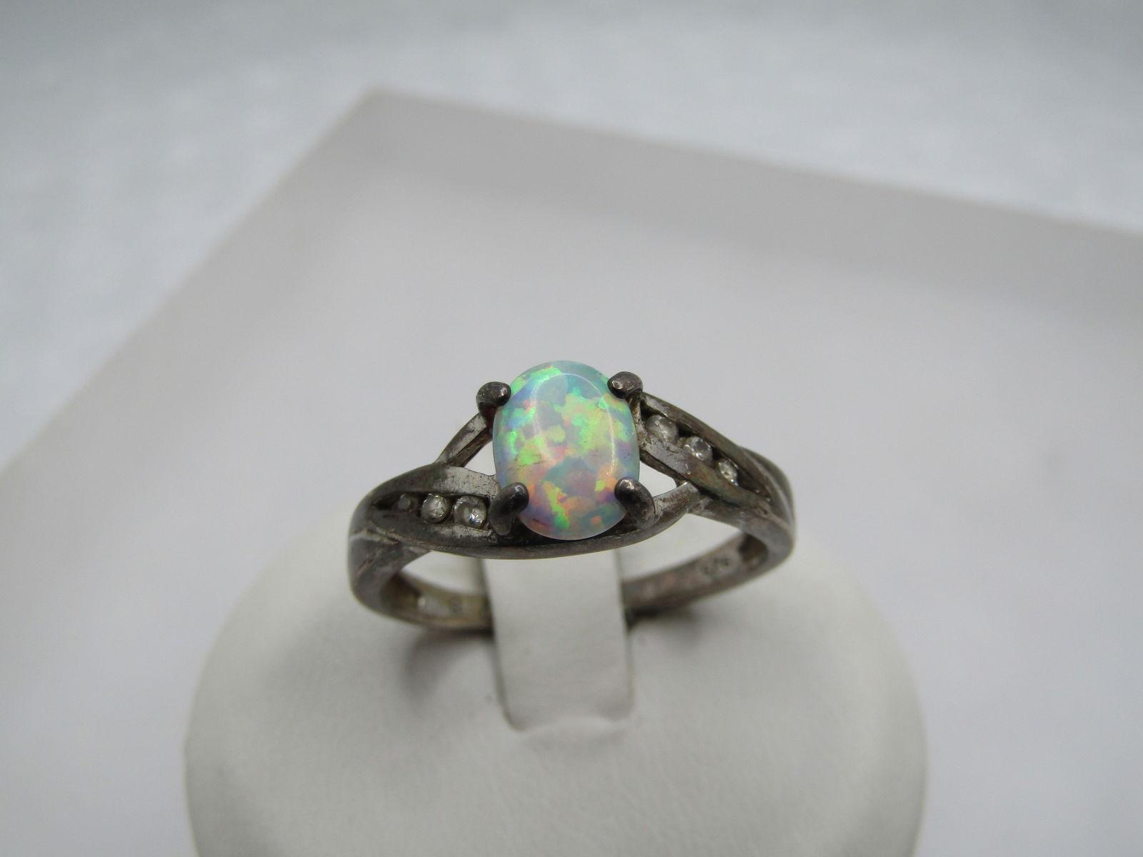 Vintage Sterling Created Opal & CZ Ring, Sz. 8.75, Signed RJ - 4