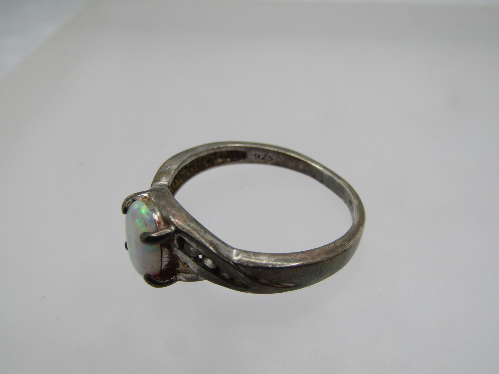 Vintage Sterling Created Opal & CZ Ring, Sz. 8.75, Signed RJ - 6