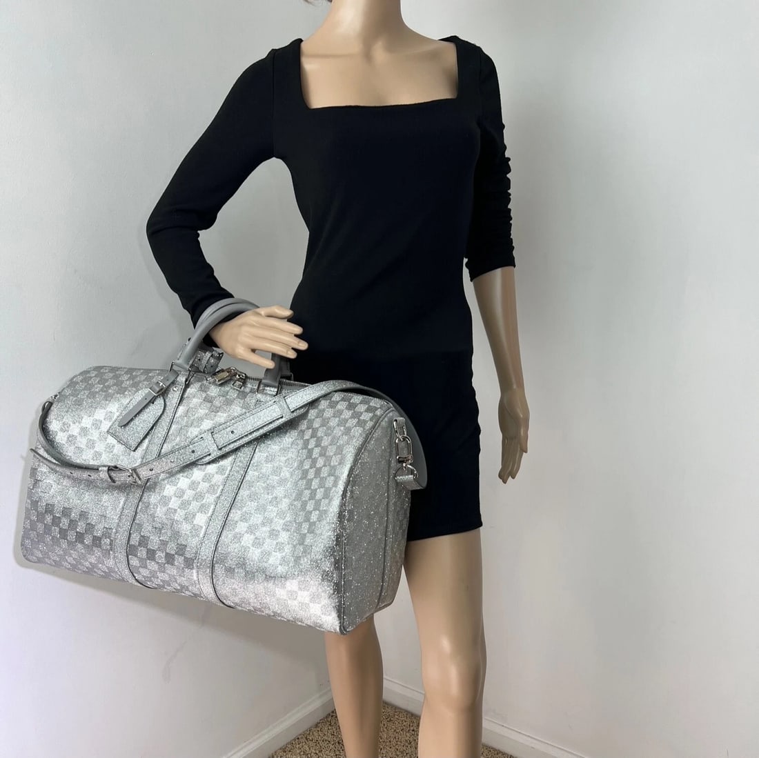 Louis Vuitton Duffle Keepall Bandouliere 50B Silver Glitter Damier Luggage - 3