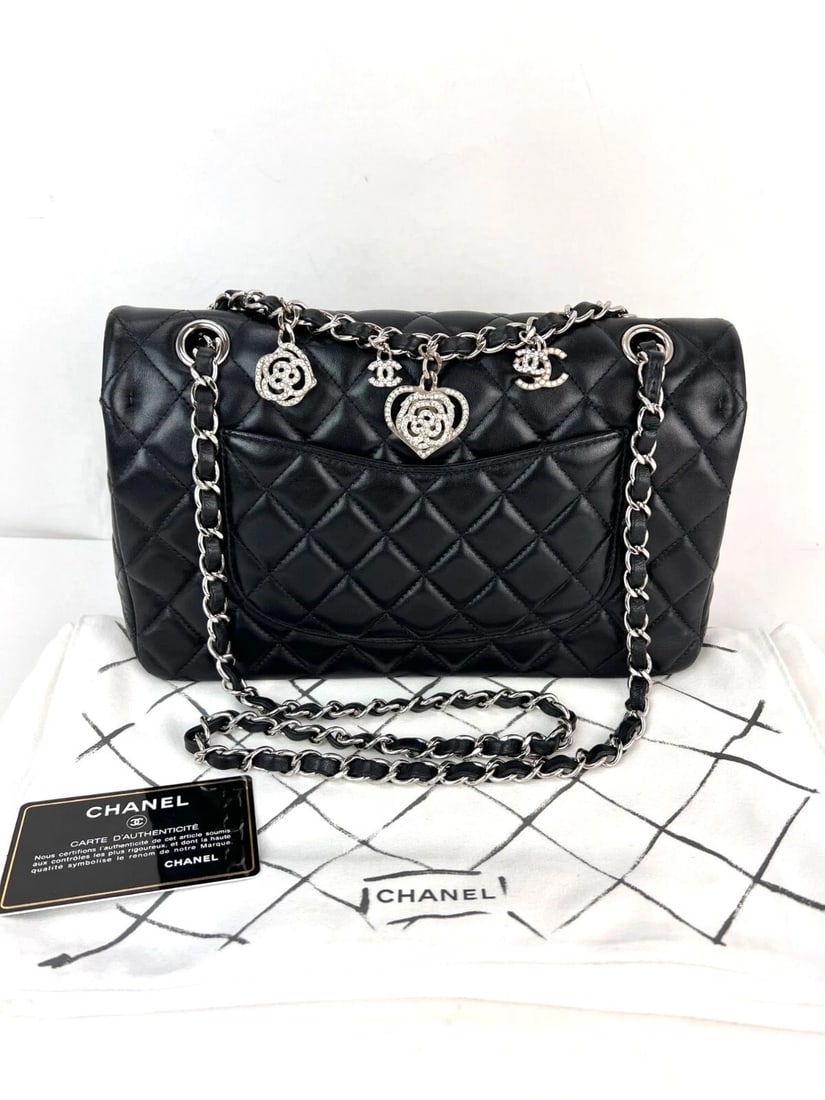 Chanel Quilted Lambskin Valentine Crystal Charms MM Single Flap Black Bag - 2