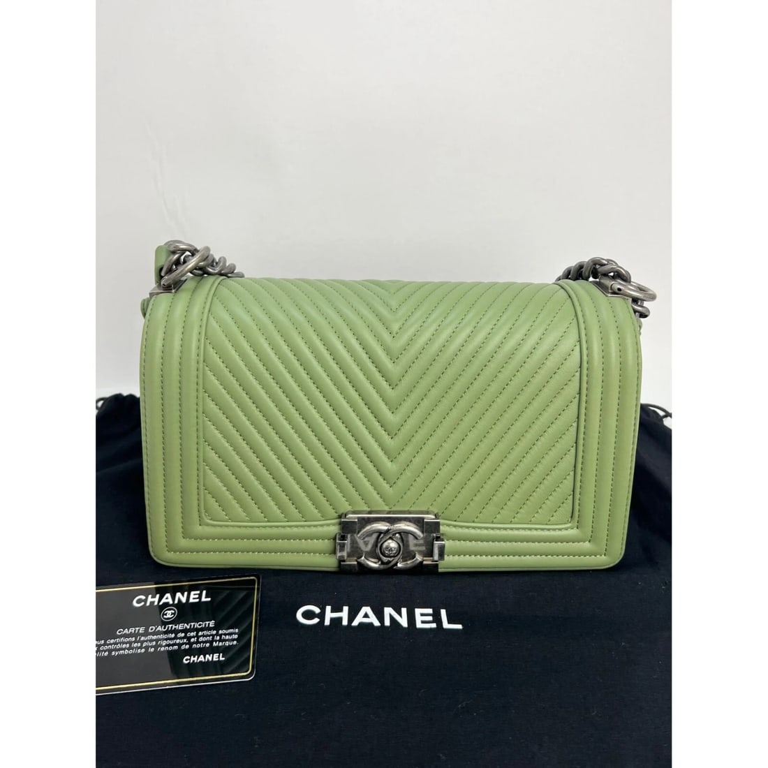 Chanel Calfskin Chevron Quilted Medium Boy Flap Light Green Bag - 10
