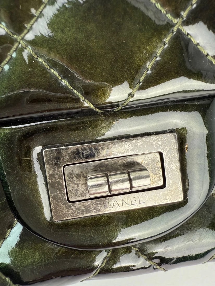 Chanel 2.55 Reissue Double Flap Iridescent Dark Green Patent Leather Bag - 12