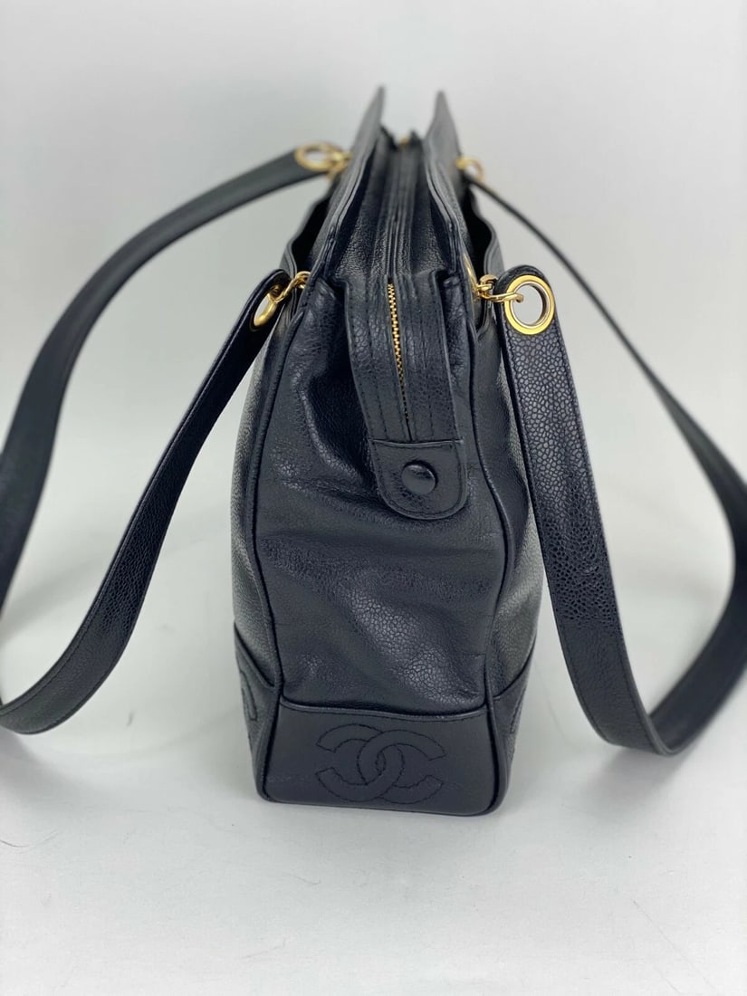 CHANEL Vintage Black Caviar Leather CC Zip Tote Shoulder Bag Gold - 4