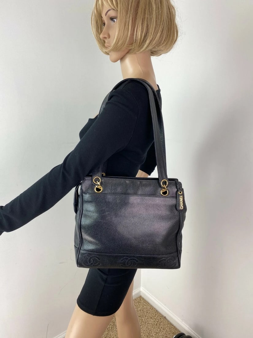 CHANEL Vintage Black Caviar Leather CC Zip Tote Shoulder Bag Gold - 8