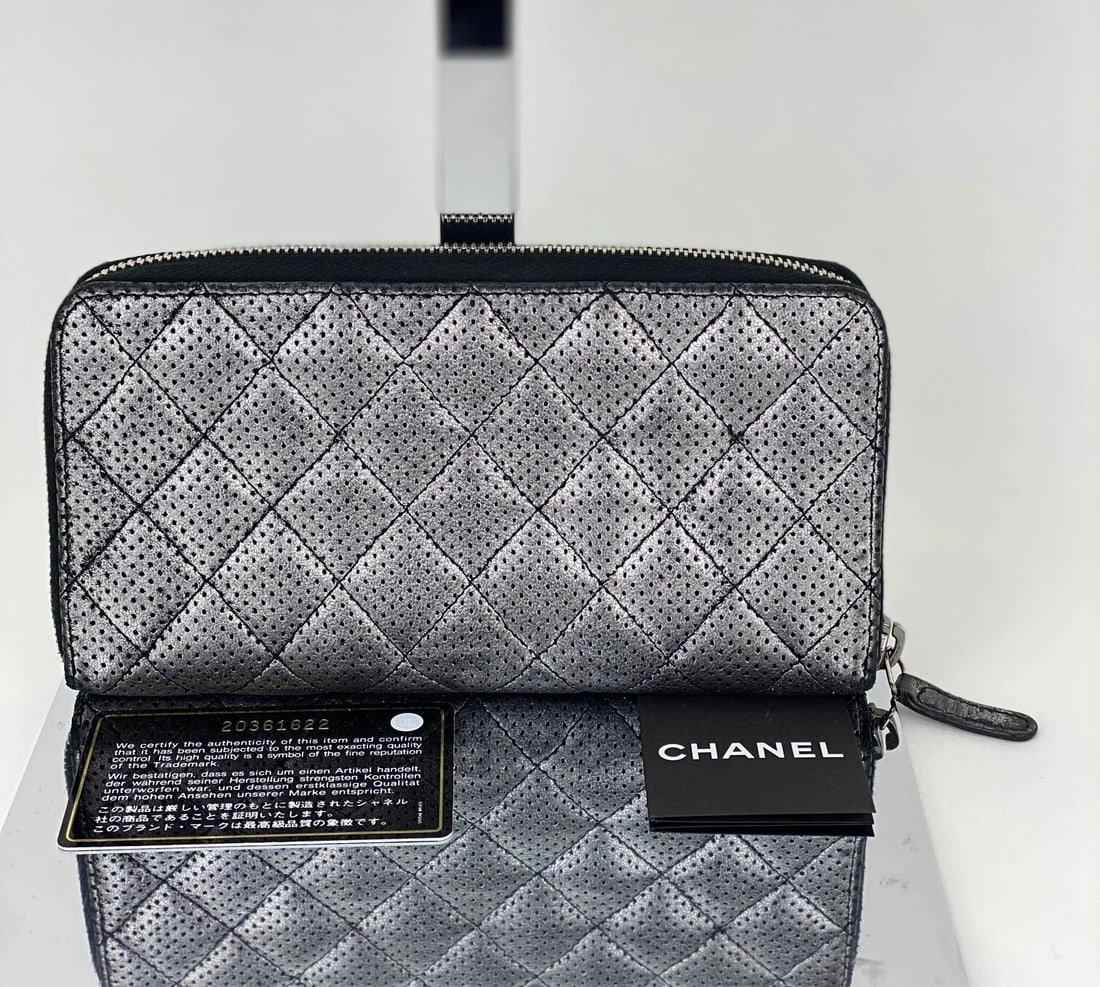 Chanel Wallet Perforated Silver Metallic Lambskin Quilted Zip Around - 4