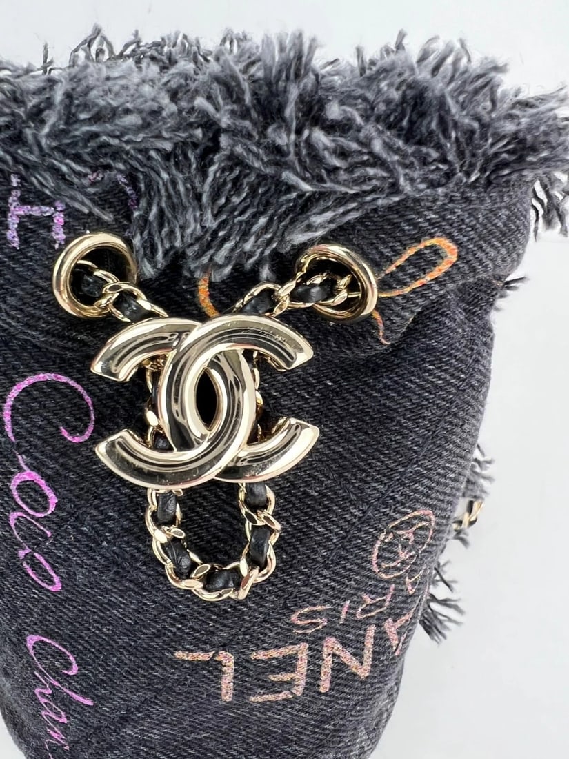 Chanel Denim Quilted Mood Mini Bucket With Chain Black - 9