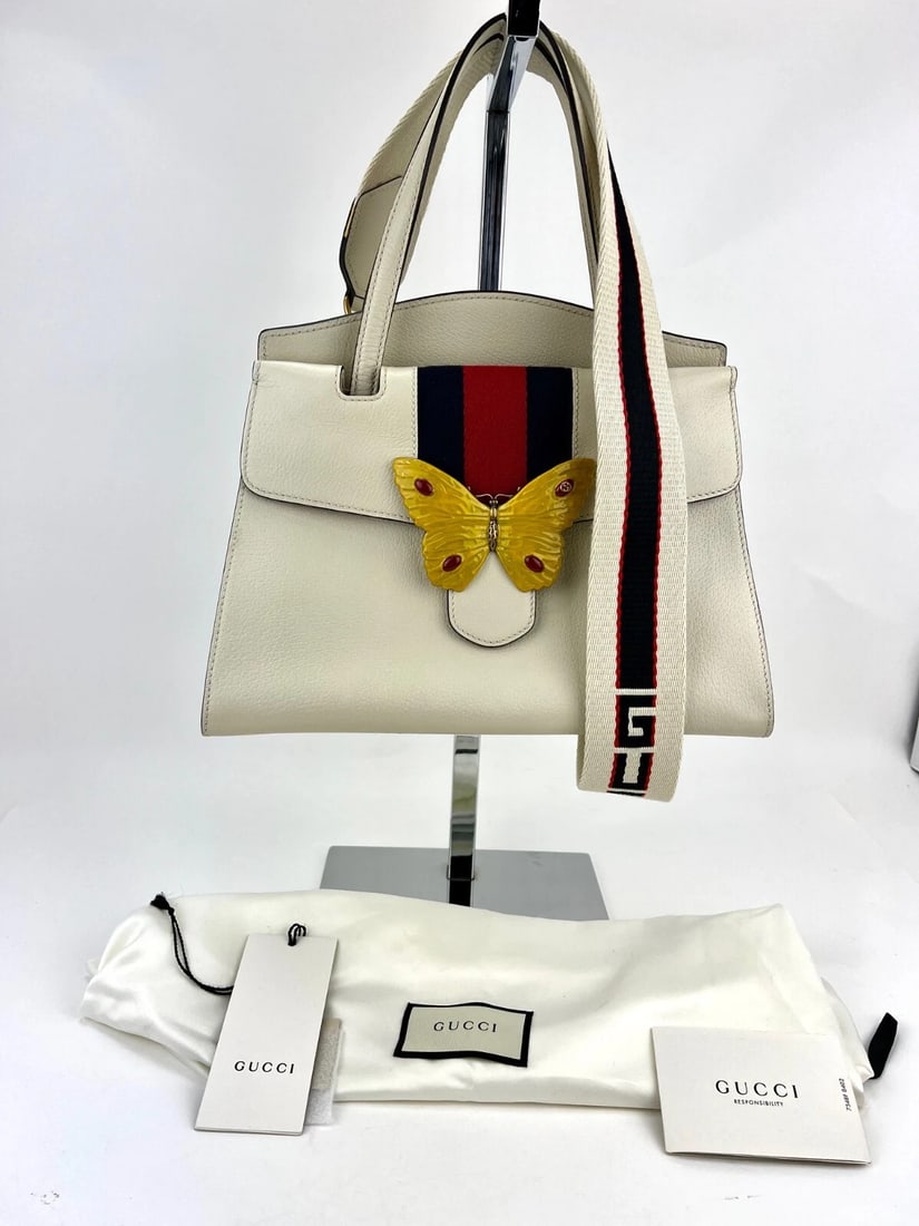 GUCCI Linea Medium Totem Web Stripped Yellow Butterfly Top Handle Bag - 4