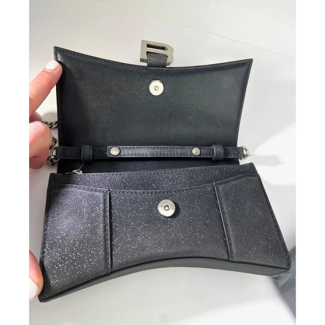 BALENCIAGA Hourglass Wallet On Chain Black Glitter Clutch Shoulder Bag - 15