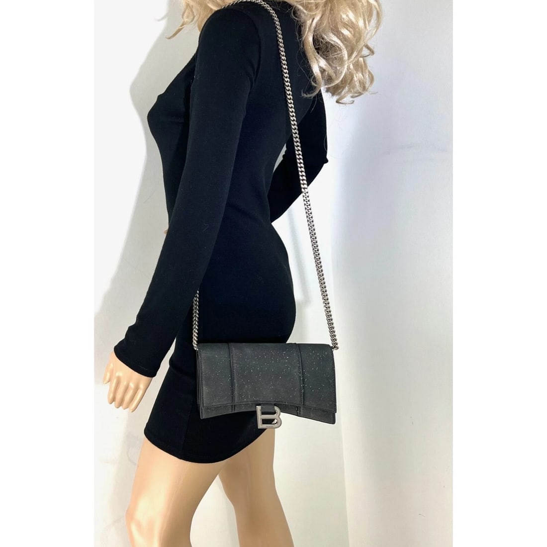 BALENCIAGA Hourglass Wallet On Chain Black Glitter Clutch Shoulder Bag - 5
