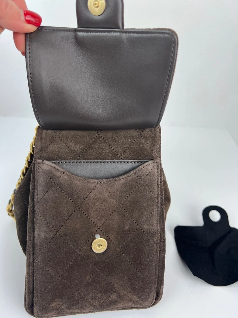 Chanel 25 Suede Calfskin Antique Gold Metal Small Brown Shoulder Bag - 14