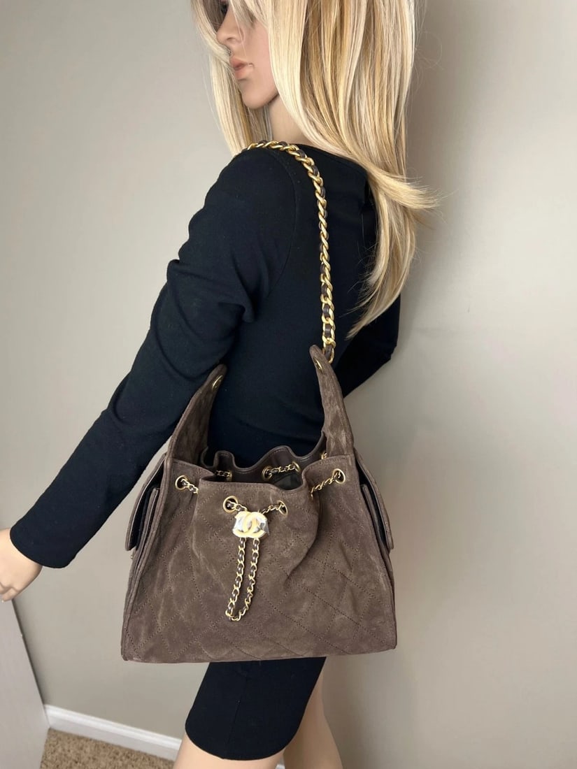 Chanel 25 Suede Calfskin Antique Gold Metal Small Brown Shoulder Bag - 16