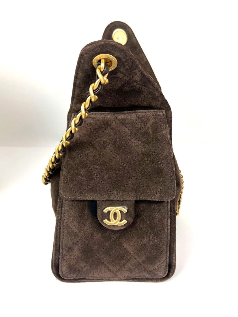 Chanel 25 Suede Calfskin Antique Gold Metal Small Brown Shoulder Bag - 5