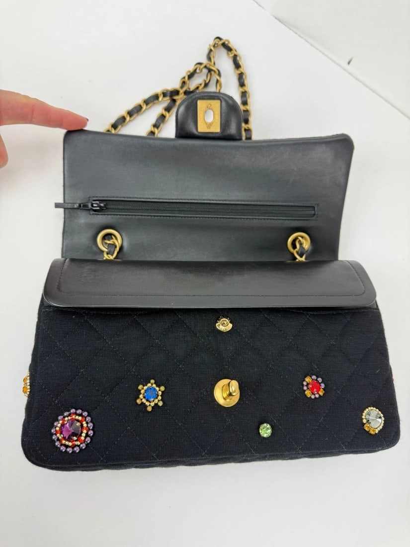 Chanel Jersey Knit Quilted Crystal Embellished Medium Double Flap Bag - 16