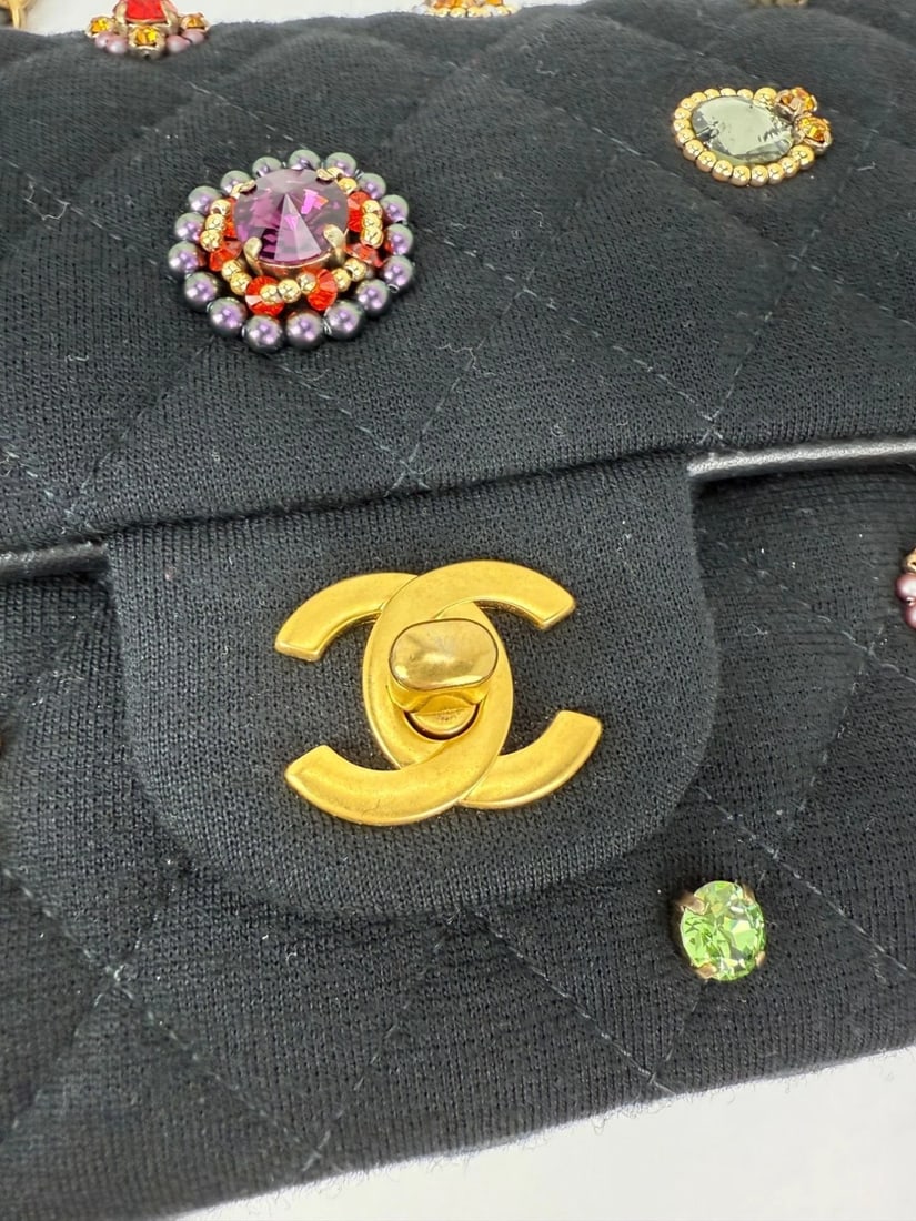 Chanel Jersey Knit Quilted Crystal Embellished Medium Double Flap Bag - 17