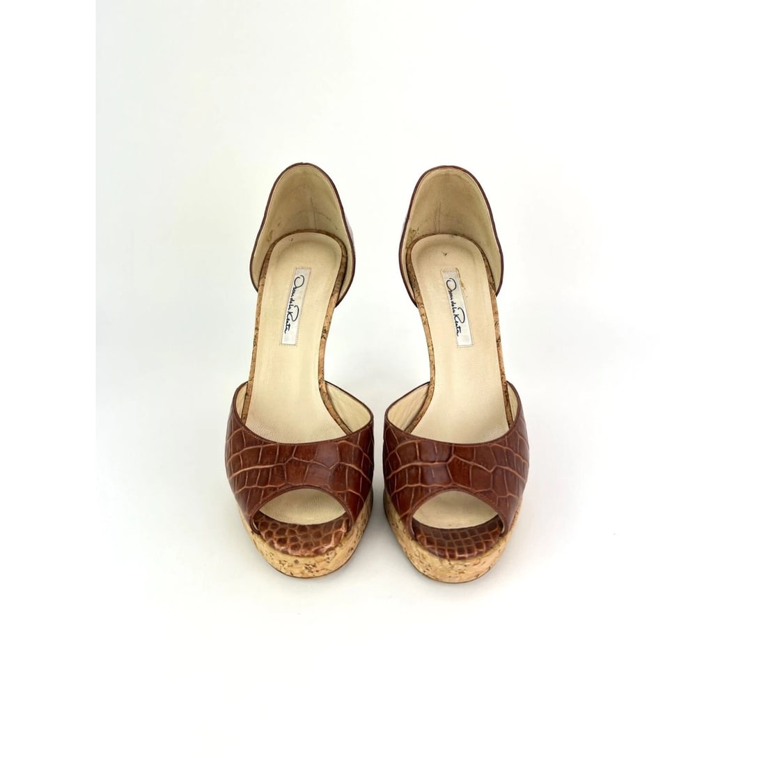 Oscar de la Renta Peep Toe Crocodile Cork Heel Shoe - 3