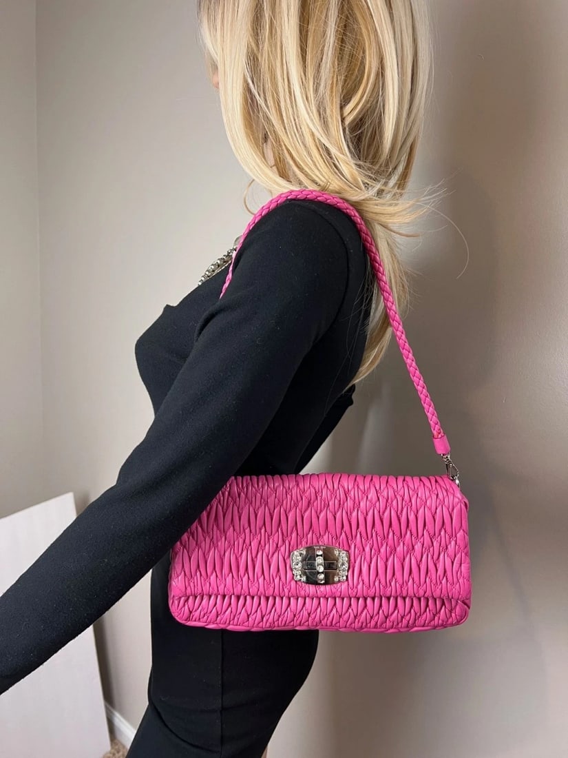 Miu Miu Pink Lambskin Nappa Crystal Shoulder Clutch Bag - 10