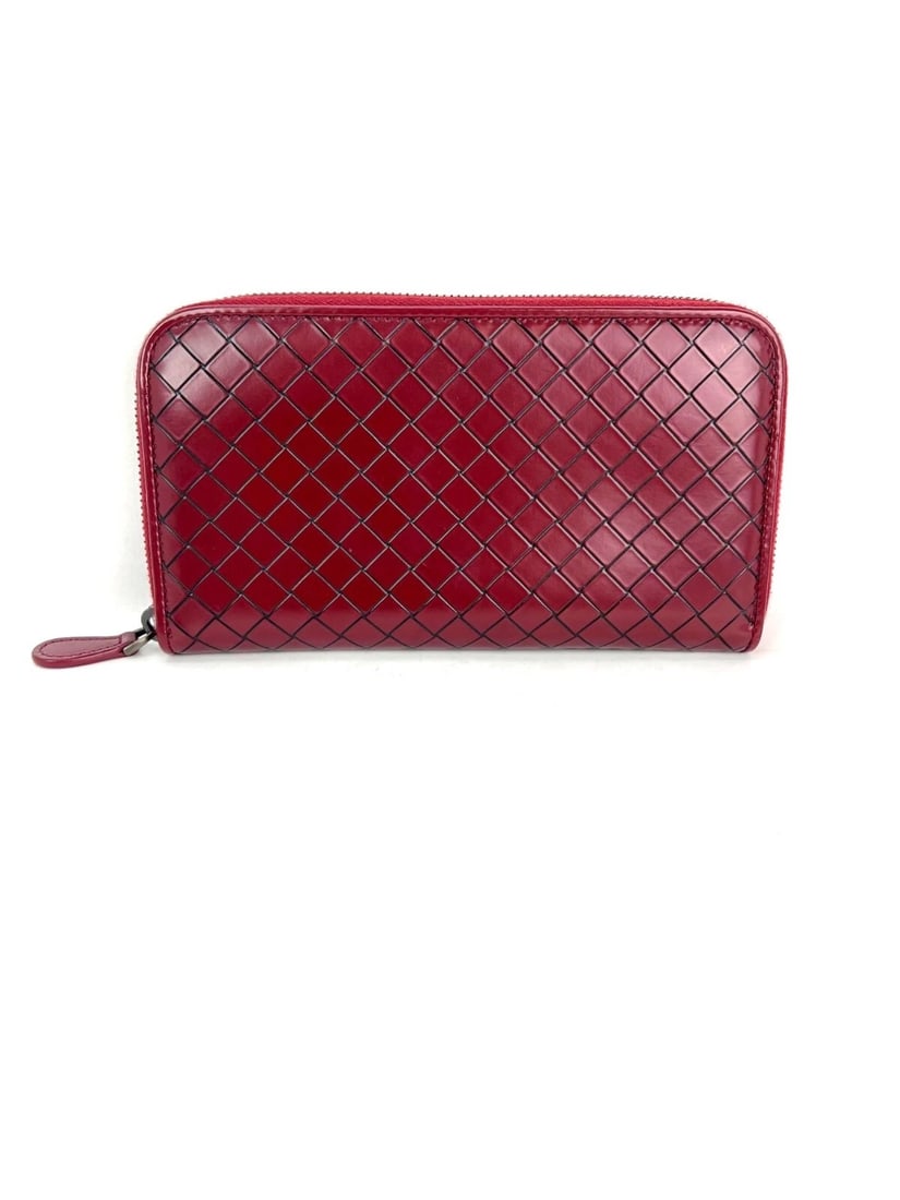 Bottega Veneta Burgundy Intrecciato Zip Around Leather Wallet Clutch - 2