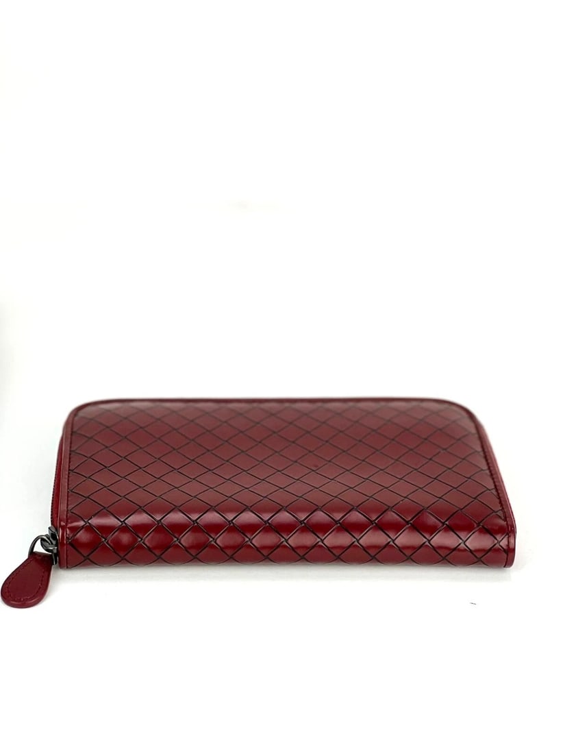 Bottega Veneta Burgundy Intrecciato Zip Around Leather Wallet Clutch - 4