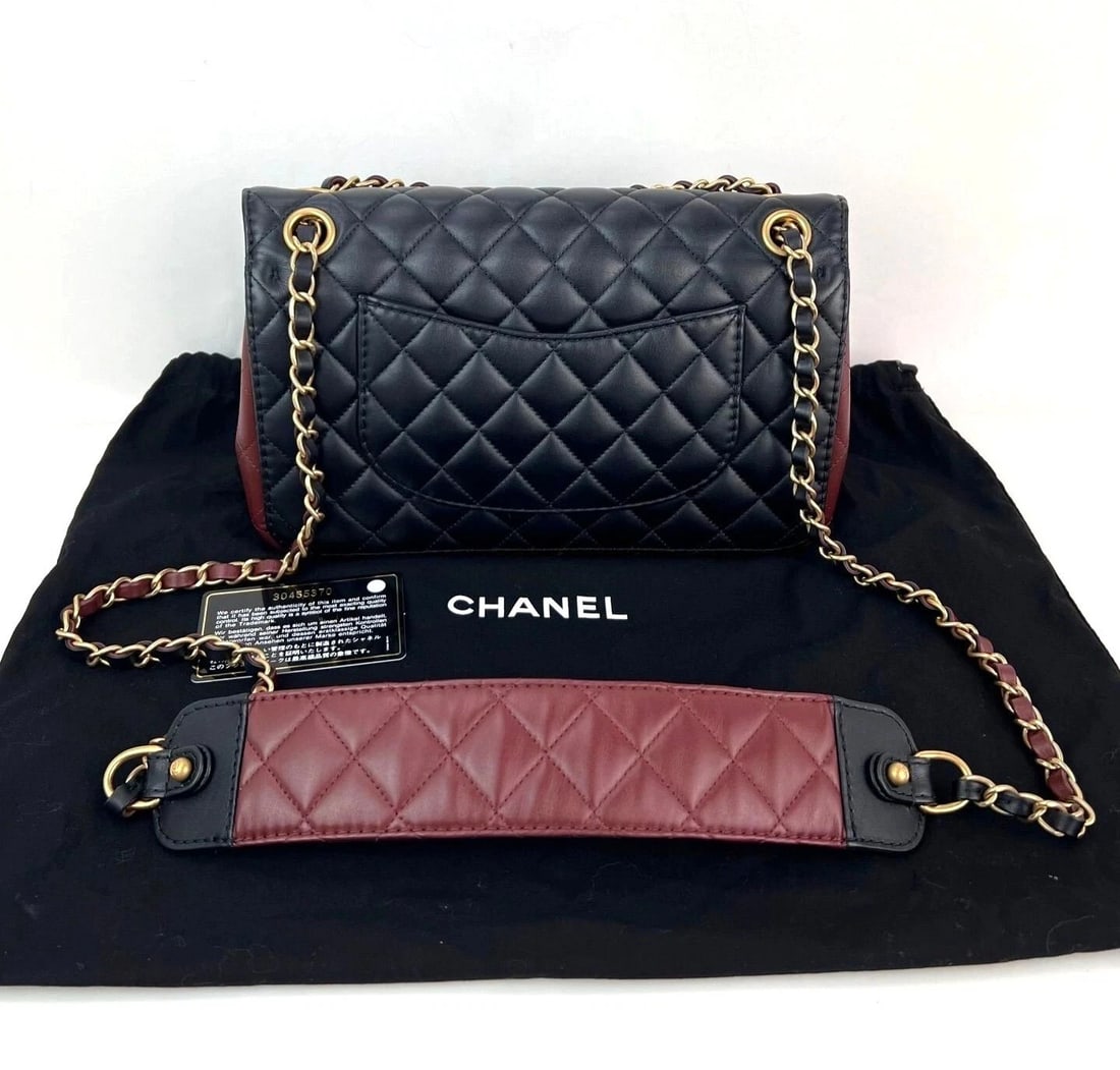 Chanel Calfskin Quilted Strap into Flap Black Burgundy Shoulder Bag - 2
